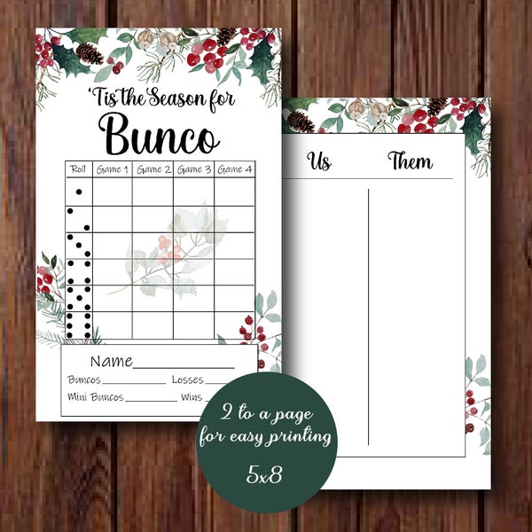 Christmas Bunco Set, December Bunco Cards, Green and Red, Tally Sheet with lines and no lines, Table Numbers with Two Options, Printable