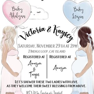 May include: A baby shower invitation with a pink and blue heart-shaped balloon for each of the mothers-to-be. The invitation includes the names of the babies, Adalynn and Logan, and the names of the mothers, Victoria and Kaysey. The invitation also includes the date, time, and location of the shower, as well as the registry information.