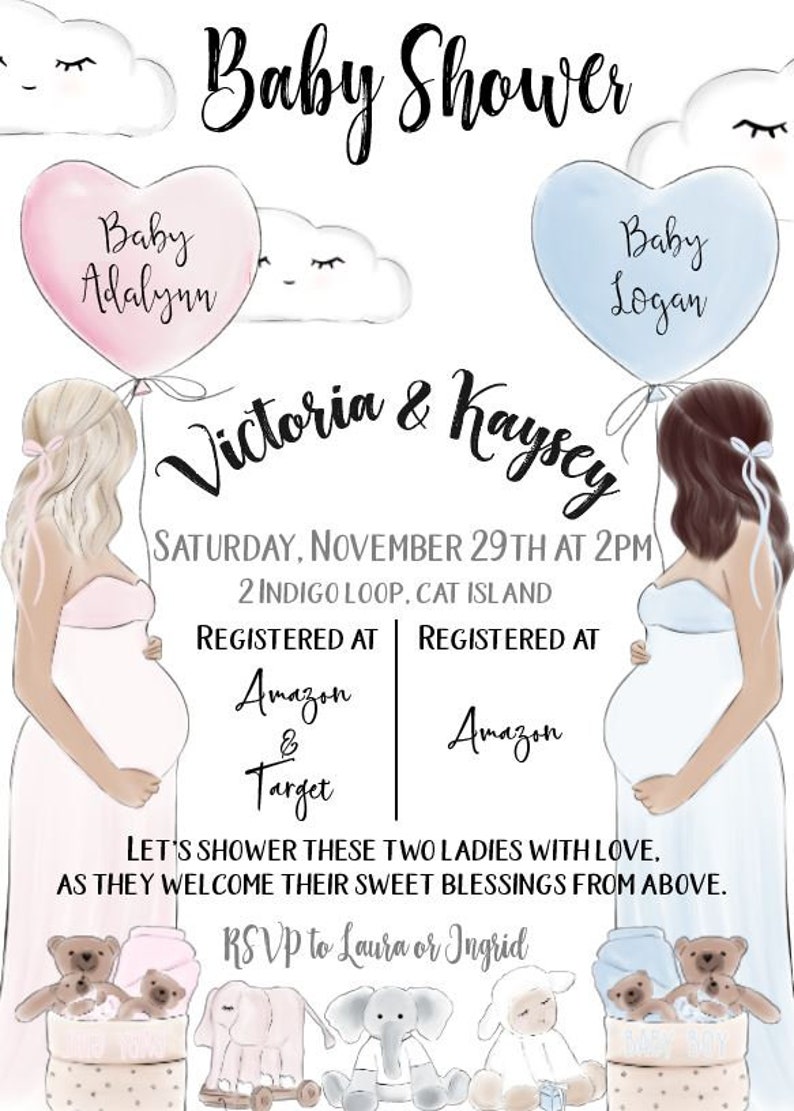 May include: A baby shower invitation with a pink and blue heart-shaped balloon for each of the mothers-to-be. The invitation includes the names of the babies, Adalynn and Logan, and the names of the mothers, Victoria and Kaysey. The invitation also includes the date, time, and location of the shower, as well as the registry information.