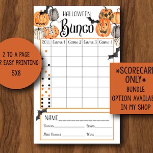 Halloween Bunco Card, Jack-o-lanterns Bunco Scorecard, Pumpkins and Bats, October Bunco Scorecard, Printable Fall Bunco Card