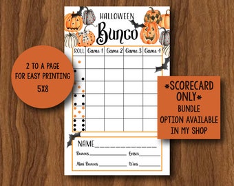 May include: Printable Halloween Bunco scorecard with a black and orange color scheme. The scorecard features a pumpkin design and bats. The text "HALLOWEEN Bunco" is at the top of the scorecard. The text "2 TO A PAGE FOR EASY PRINTING 5X8" is in the bottom left corner. The text "*SCORECARD ONLY* BUNDLE OPTION AVAILABLE IN MY SHOP" is in the bottom right corner.