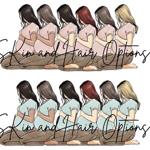 May include: Two rows of seven pregnant women in various skin tones and hair colors, sitting with their hands on their bellies. The women are wearing pink and blue shirts and brown pants. The text "Skin and Hair Options" is written below each row.