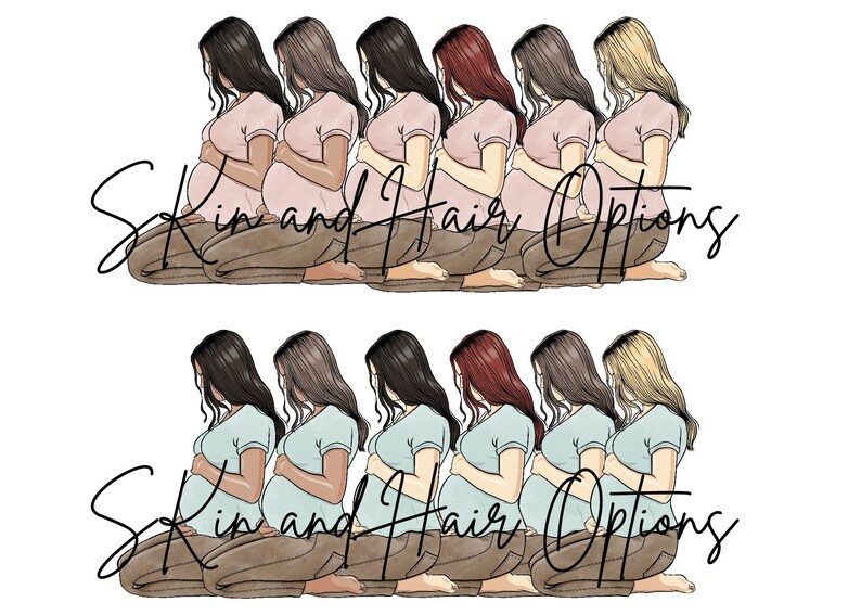 May include: Two rows of seven pregnant women in various skin tones and hair colors, sitting with their hands on their bellies. The women are wearing pink and blue shirts and brown pants. The text "Skin and Hair Options" is written below each row.