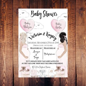 May include: A pink and white baby shower invitation with illustrations of two pregnant women holding pink heart balloons. The text reads "Baby Shower", "Victoria & Kayscy", "Saturday, November 29th at 2PM", "2 Indigo Loop, Cat Island", "Registered at Amazon & Target", "Registered at Babylist.com", and "Let's shower these two ladies with love. As they welcome their sweet blessings from above. RSVP to Steph or Briana".