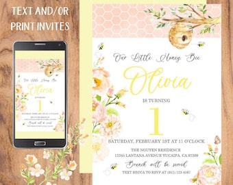 Our Little Honey Bee is Turing One, Invitation for First Birthday, Bee Invite, Honey Bee, Yellow and Pink, Pastel Floral Digital File