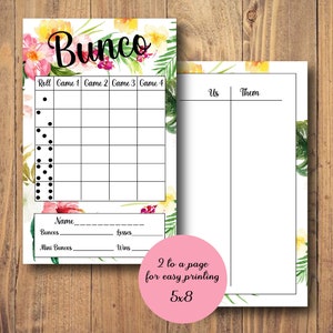 Summer Bunco Set, Tropical Bunco Cards, Spring Bunco Set, Luau Theme, Flowers, Tally Sheet, Score Cards, Table Numbers, Printable