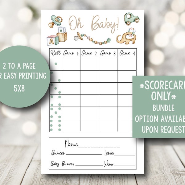 Baby Shower Bunco, Oh Baby Bunco Scorecard, Gender Neutral Baby Shower Game, Baby Themed, Printable Bunco Cards