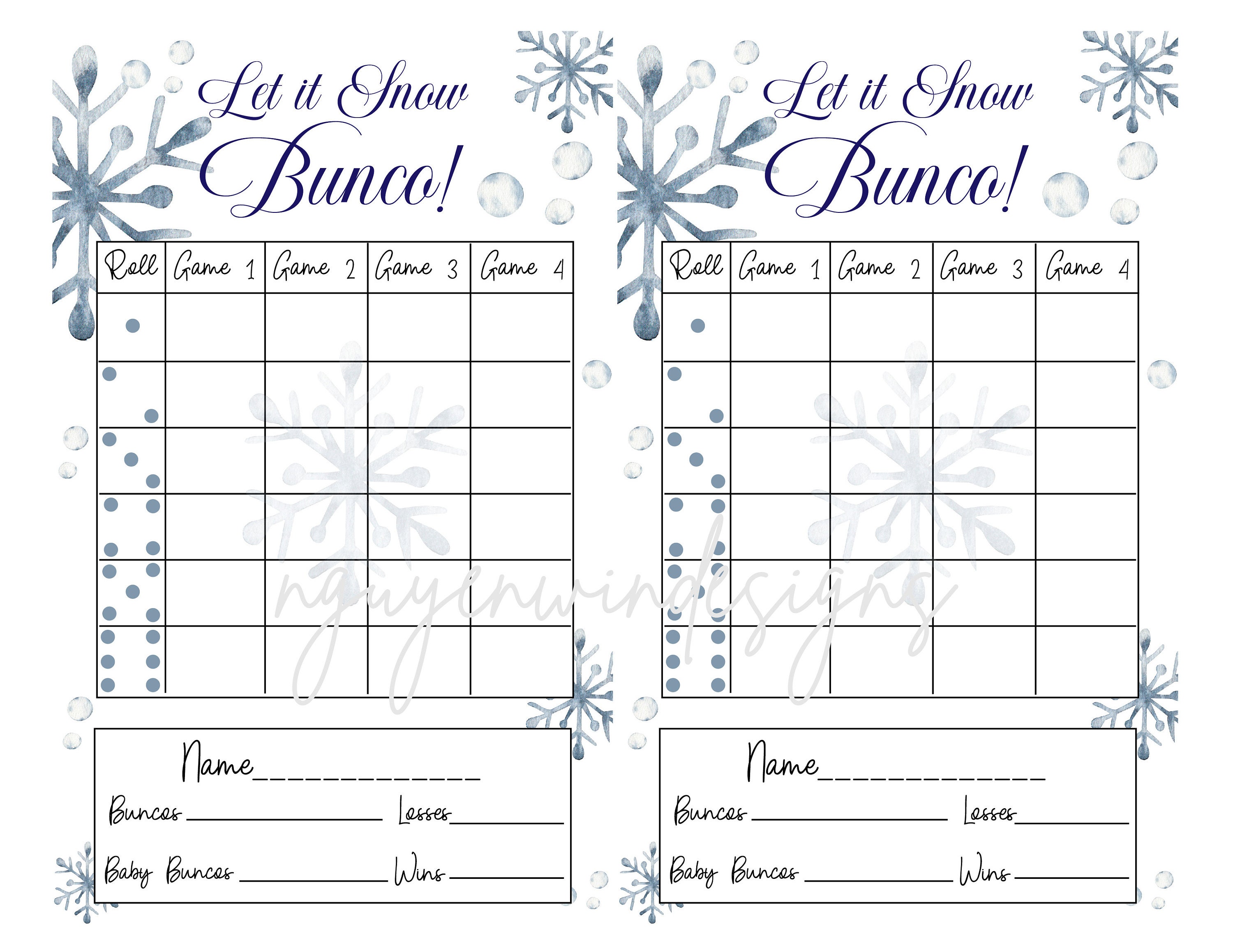 Winter Snowflake Bunco Score Card Holiday Bunco Christmas - Etsy