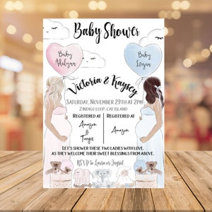 May include: A baby shower invitation with a pink and blue color scheme. The invitation features two pregnant women holding balloons that say "Baby Adalynn" and "Baby Logan". The invitation also includes the names "Victoria & Kaysey", the date and time of the shower, and the address. The invitation also includes information about where the couple is registered.