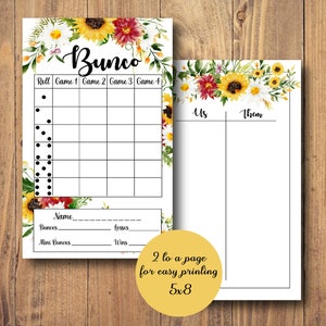 Sunflower Bunco, Fall Bunco Cards, Daisy, Western Bunco, Picnic, Fall Flowers, Printable Score Cards, Tally Sheets, Table Numbers