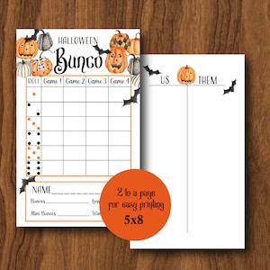 May include: Printable Halloween Bunco game scorecard with a pumpkin theme. The scorecard includes a grid for recording scores and a section for recording names and scores. The game is designed for two teams, "US" and "THEM".