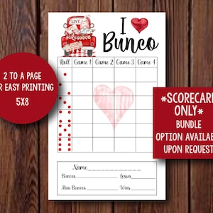 May include: A printable Valentine's Day Bunco scorecard with a red truck and gnomes. The scorecard has a pink heart in the center and spaces for recording scores for four games. The text "I Love Bunco" is at the top of the scorecard.