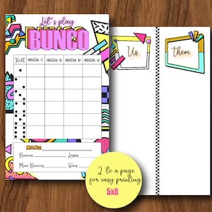 Bunco anni '80, Bunco anni '90, Ritorno agli anni '80, Set Bunco retrò anni '90, Carte punteggio stampabili, Numeri di tabella e Fogli di conteggio