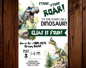 Dinosaur Birthday Invite with Party Hat, Dino-Four, Dinosaur theme, Realistic Dinosaur Invitation