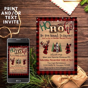 Christmas Gender Reveal Invitation, Plaid Deer, Ho Ho Ho Do You Want to Know, Boy or Girl, Buck or Doe, Rustic, Lumberjack, Digital, Custom