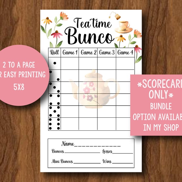 Tea Time Bunco Score Sheets, Valentine's Bunco, Galentine's Brunch, Tea Party Score Cards, High Tea Bunco Game Score cards, Printable