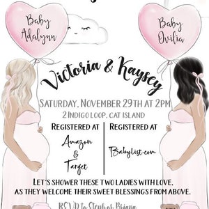May include: A baby shower invitation with a pink and white color scheme. The invitation features two pregnant women holding pink heart-shaped balloons with the names "Baby Adalynn" and "Baby Ovilia" written on them. The text "Victoria & Kaysey" is written in a large, decorative font. The invitation also includes the date, time, and location of the shower, as well as the registry information. The text "Let's shower these two ladies with love, as they welcome their sweet blessings from above." is written in a smaller font. The invitation is decorated with clouds and baby animals.