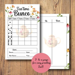 Tea Time Bunco Set, Tea Party Bunco Kaarten, Lente Bunco Set, Zomerthema, crumpets, Tally Sheet, Scorekaarten, Tafelnummers, Afdrukbaar