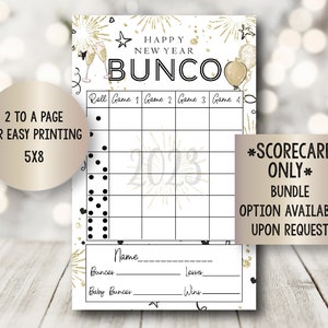 Nieuwjaar Bunco Scorebladen, Gelukkig Nieuwjaar Party Game, Oudejaarsavond Bunco, Goud en Zwart Party Game, Paar afdrukbare Bunco-kaarten