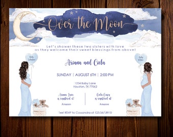Over the Moon Double Baby Shower Invitation, Duo Baby Shower, Joint Baby Shower Invitation, Co-Worker Baby Shower, Baby Boy Shower