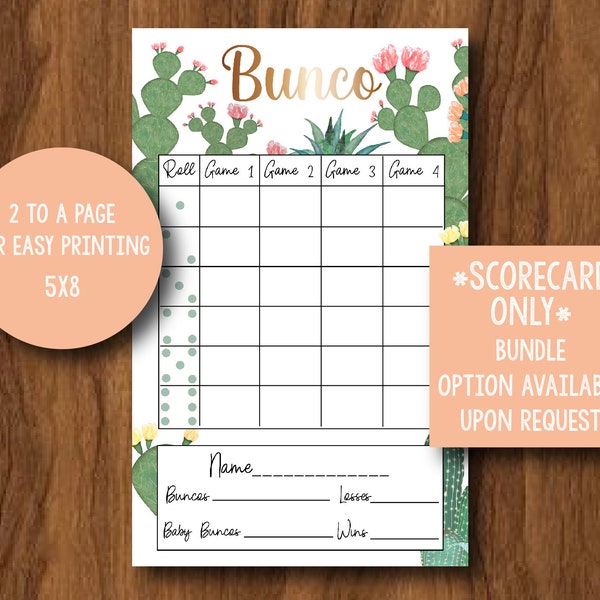 Cactus Bunco Scorecard, Cactus Fiesta Theme, Birthday Bunco Game, Summer Printable Bunco Cards