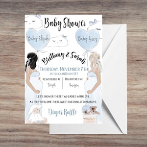May include: A baby shower invitation with a blue and white color scheme. The invitation features two pregnant women, a cloud with a face, and two blue heart-shaped balloons with the text "Baby Elijah" and "Baby Grey". The invitation also includes the text "Brittany & Sarah", "Thursday, November 7th", "Potluck in Room 131", "Registered at Target", "Registered at Amazon", and "Diaper Raffle".