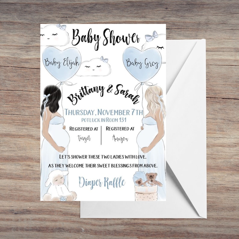 May include: A baby shower invitation with a blue and white color scheme. The invitation features two pregnant women, a cloud with a face, and two blue heart-shaped balloons with the text "Baby Elijah" and "Baby Grey". The invitation also includes the text "Brittany & Sarah", "Thursday, November 7th", "Potluck in Room 131", "Registered at Target", "Registered at Amazon", and "Diaper Raffle".