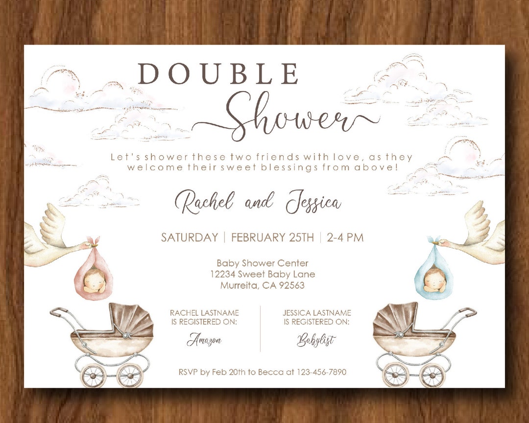 Double Baby Shower Invitation, 2 Coworker Baby Shower Invite, Stork