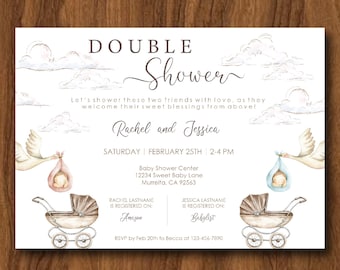 Double Baby Shower Invitation, 2 coworker Baby Shower Invite, Stork Joint Baby Shower Invite, Co-Worker Event, Gender Neutral, Personalized