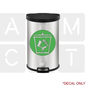 May include: A green and white decal of a trash can with a fish bone inside. The decal is designed to be placed on a trash can.