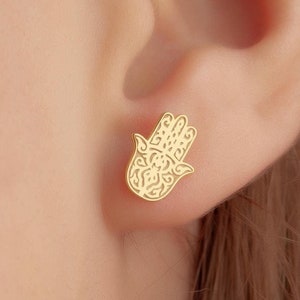 14K Solid Gold Hand Of Fatima Kolczyki, Kolczyki Hamsa Hand, Biżuteria Evil Eye, Prezent Ochronny, Kolczyki na Szczęście, Prezent Dla Miłośnika Jogi