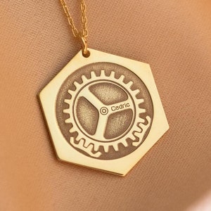 14K Solid Gold Engineer Steampunk Necklace, Gear Jewelry, Graduation Gift, Clockwork Pendant, Birthday Gift, Geek Chic Charm, Gear Necklace