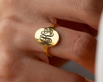 Anel de sinete personalizado, anel de sinete dourado, anel de monograma personalizado, anel de sinete gravado, anel de sinete vintage de prata, anel inicial personalizado para mulheres