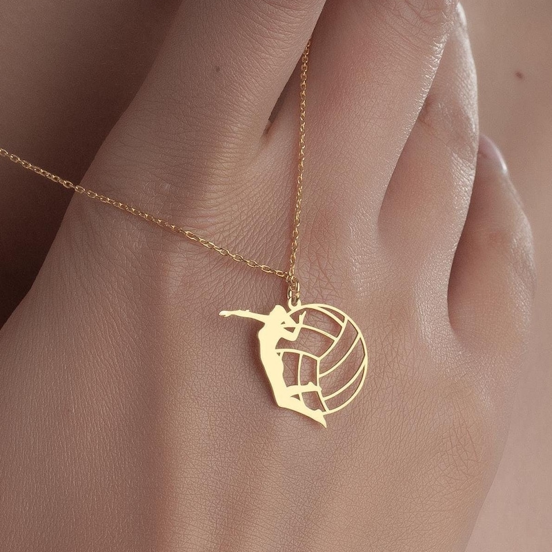 14K Solid Gold Volleyball Spike Necklace, Volleyball Mom Pendant, Personalized Jewelry, Sports Charm, Coach Gift, Jersey Number Pendant