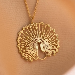 14K Solid Gold Peacock Necklace, Personalized Bird Jewelry, Peacock Lover Gift, Animal Jewelry, Victorian Charm, Valentines Gift For Her