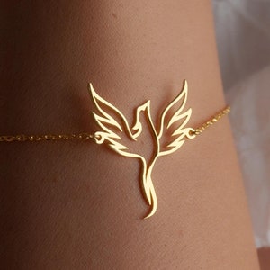 14K Solid Gold Phoenix Bracelet For Women, Rebirth Charm, Simurgh Jewelry, Birthday Gift For Her, Dragon Bracelet, Gold Strength Bracelet
