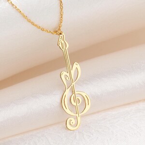 14K Solid Gold Guitar Treble Clef Necklace, Guitarist Gift, Musician Pendant, Music Lover Gift, Note Jewelry, Electric Guitar Player Gift