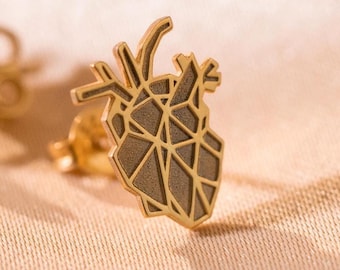Silver Anatomical Heart Earrings Geometric Heart Studs Medical Student Gift Doctor Nurse Jewelry Tiny Anatomy Earrings Dainty Gold Studs