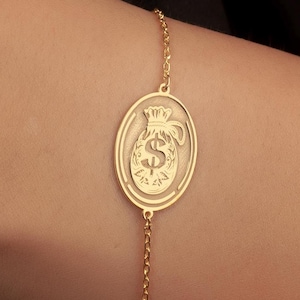 Braccialetto porta soldi in oro massiccio 14K con ciondolo simbolo del dollaro personalizzato, regalo per lei, portafortuna, regalo di lusso, regalo per rapper, ciondolo hip hop