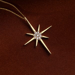 14K Solid Gold Pole Star Necklace, Dainty North Star Jewelry, Real Gold Celestial Pendant, Polaris Charm, Anniversary Gift, Starbust Jewelry