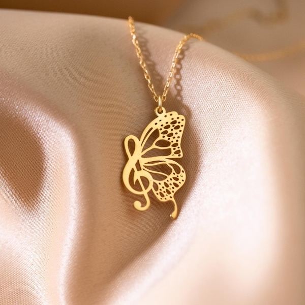 Colar com Borboleta e Clave de Sol - Colar Personalizado com Nota Musical - Joia Delicada para Amantes da Música - Presente Ideal para Formaturas e Músicos