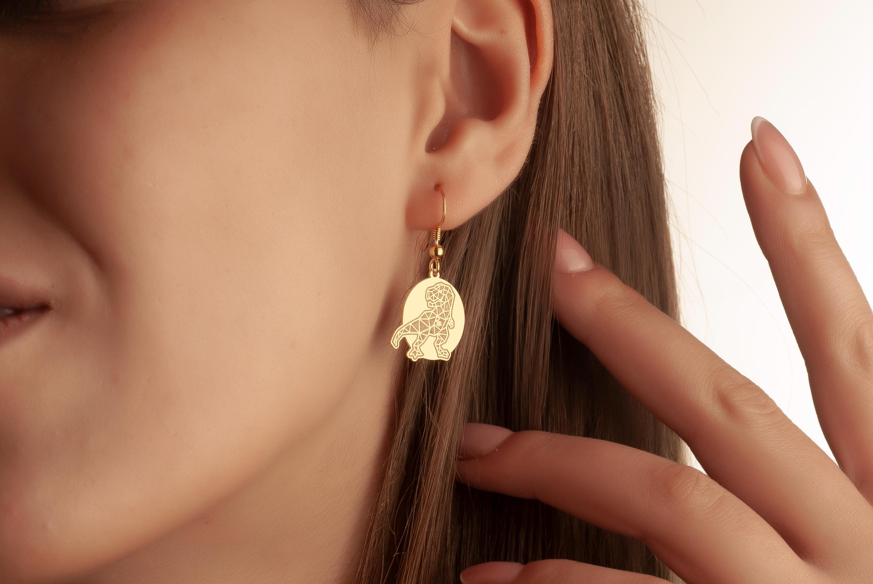 14K Solid Gold Dinosaur Dangle Earrings, Personalized TREX Dino Jewelry, Gift For Her, Gold Dino Paleontology Gift, Jurassic Park Earrings