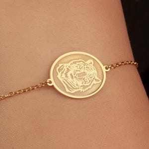 14K Solid Gold Tiger Bracelet, Personalized Tiger Head Charm, Animal Lover Gift, 14K Protection Bracelet, Engraved Jewelry, Gift For Her