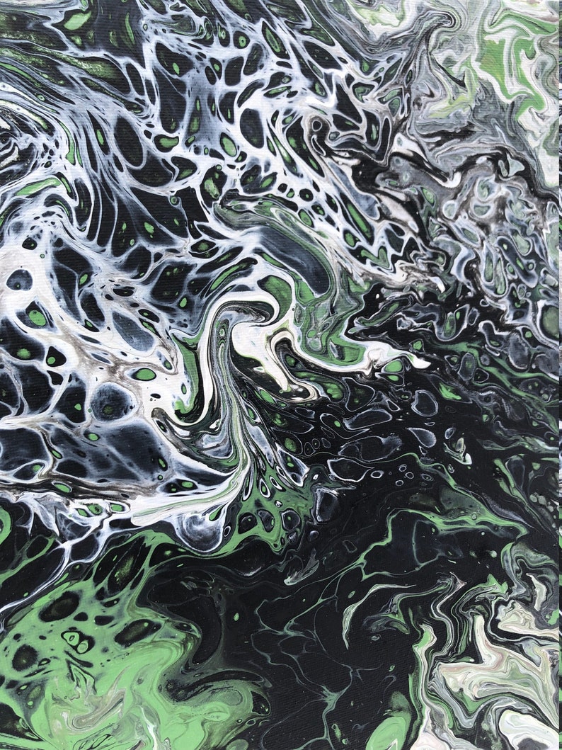 12x12 White Green Black Smoke Acrylic Pour Painting Etsy