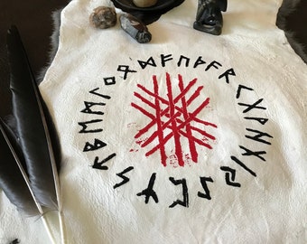 Ritual Altar cloth with Elder Futhark and Web of Wyrd Block Printed Rabbit Hide