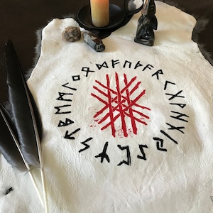 Ritual Altar cloth with Elder Futhark and Web of Wyrd Block Printed Rabbit Hide