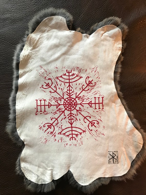 Ritual Altar Cloth, Icelandic Veldismagn, Magical Stave, Block Printed Rabbit Hide.