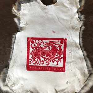 Viking Runic Tombstone, Block Printed Ritual Rabbit Hide Pagan Red Ink.