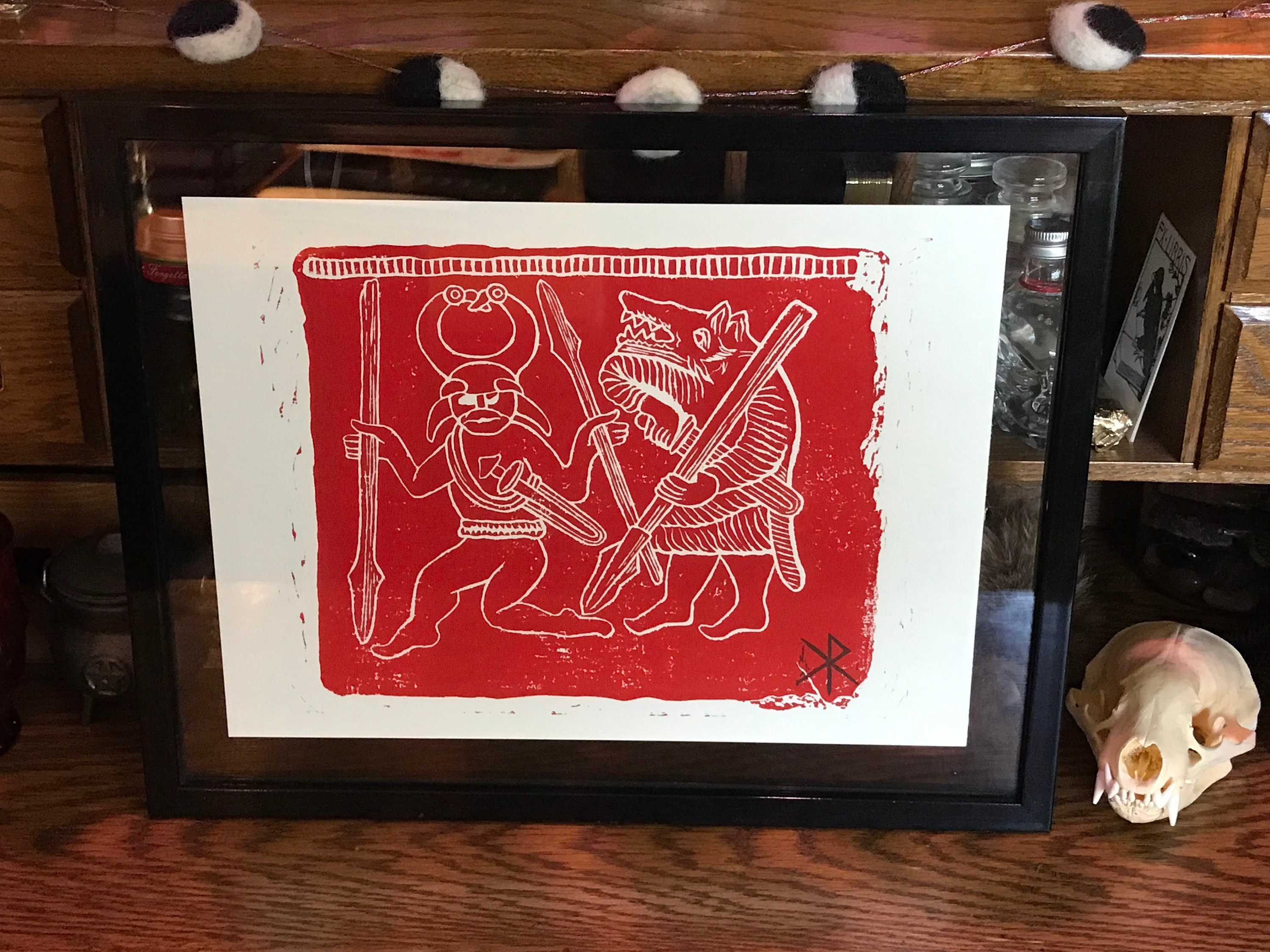 Linocut Block Print Odin Berserker Torslunda Plate in Red Ink MADE 