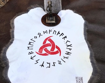 Elder Futhark Altar Cloth: Block Printed Rabbit Hide with Horns of Odin
